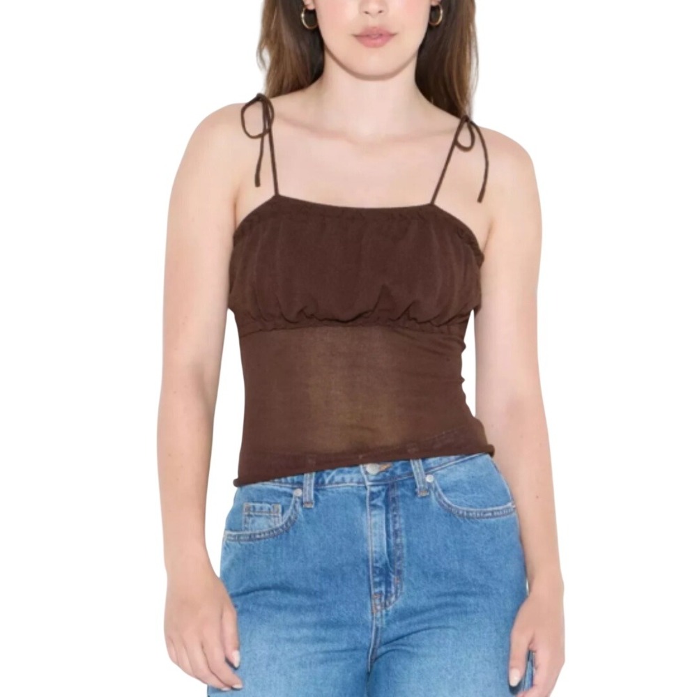 Wild Fable Women's Brown Tie Strap Gathered Knit Camisole Tank Top Size XXS